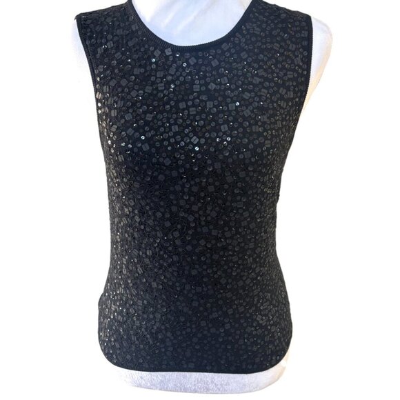 Y2K VTG. LAUNDRY SILK BLACK SEQUIN CROP TANK TOP SMALL - Picture 2 of 5